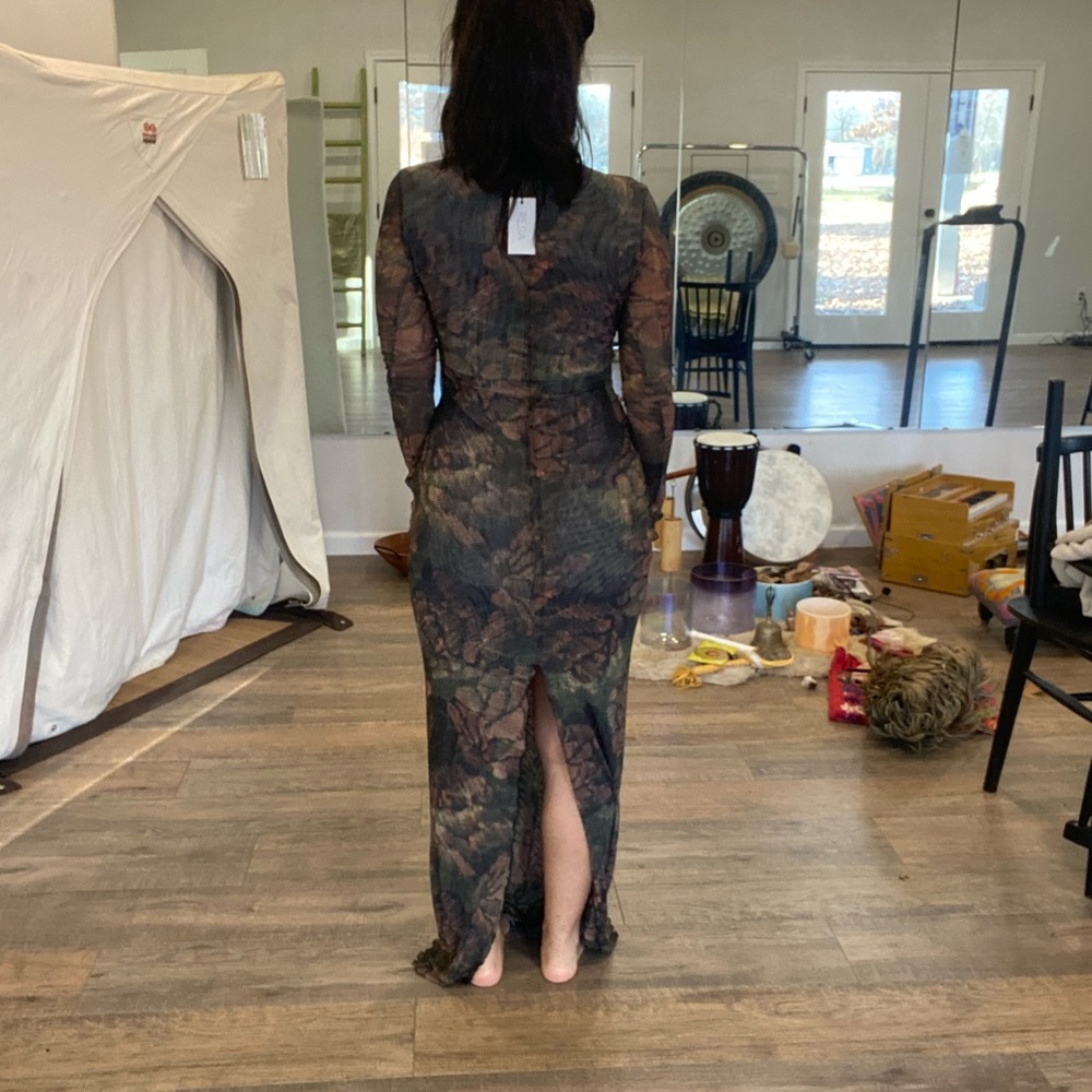 RESA Sheer Mesh Maxi Dress • Size S • Plunge Neck • Back Slit - Picture 3 of 8